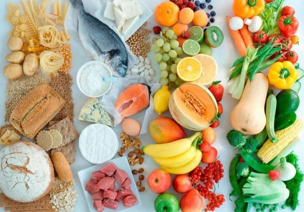 Lebensmittel verschiedener Gruppen, die eine gesunde Ernährung ausmachen